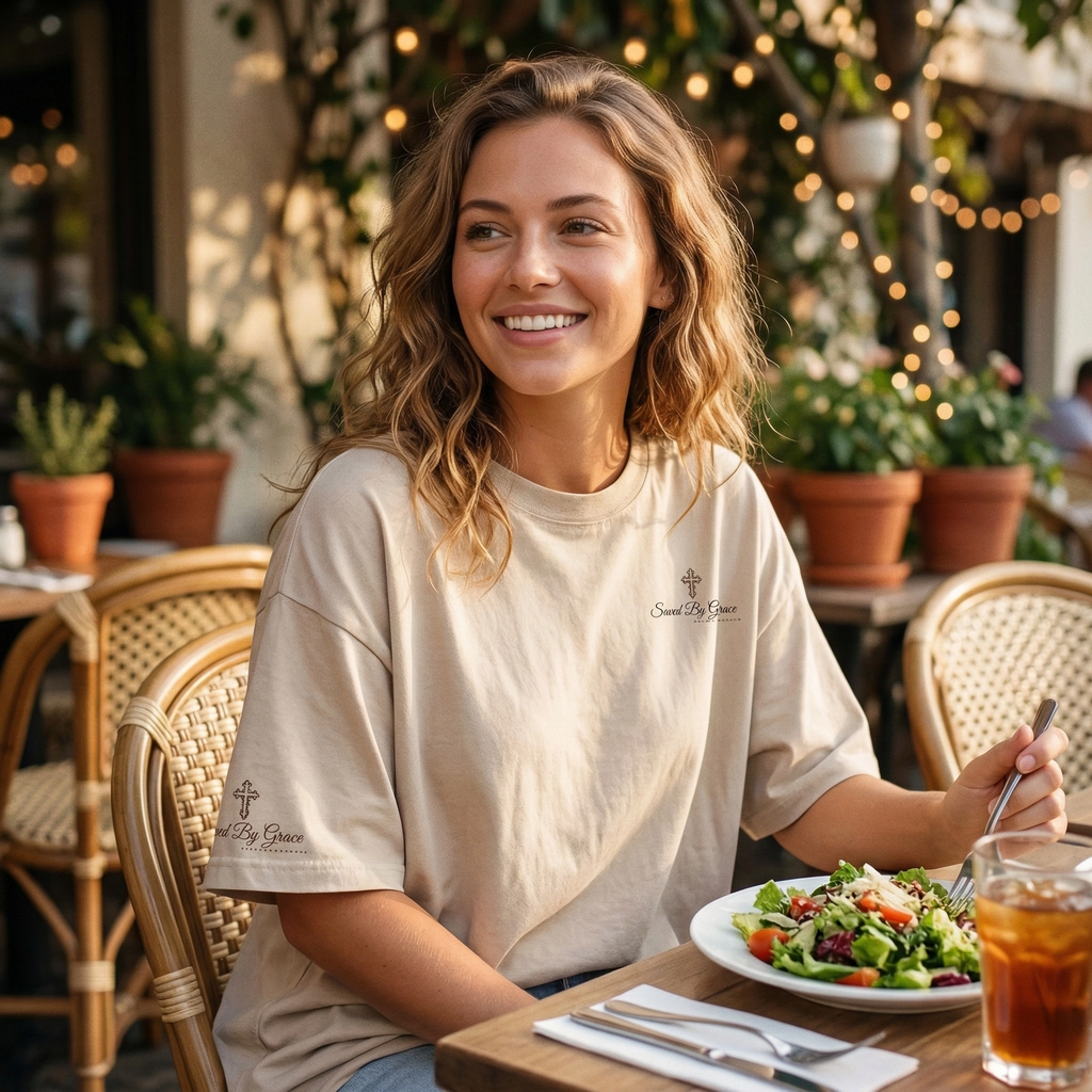 The "Saved By Grace" Essential Chest Logo Tee Women's