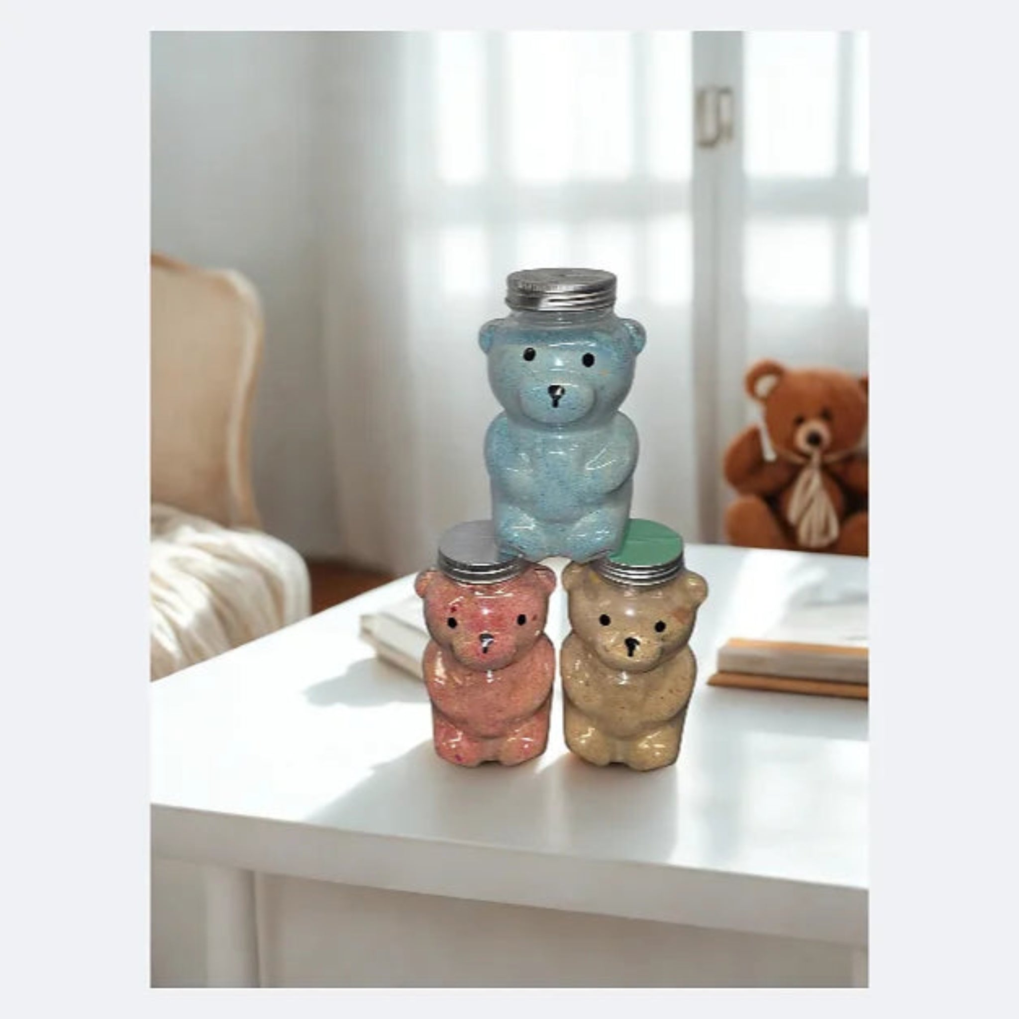 Teddy Bear Jar Filled with Colourful bath crumble
